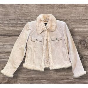 WILSONS LEATHER WOMENS SUEDE PINK JACKET WITH RABBIT FUR TRIM Size Small‎